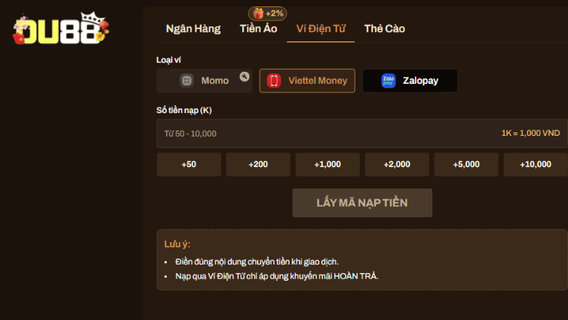 Chú ý các quy định để nạp tiền DU88 thành công